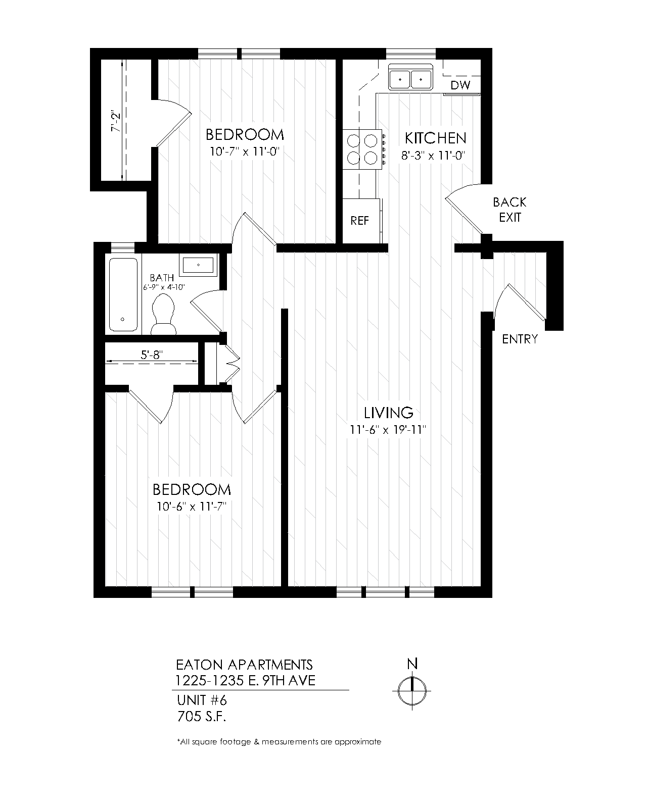 Floor plan for 2 beds, 1 bath, 725 sqft
